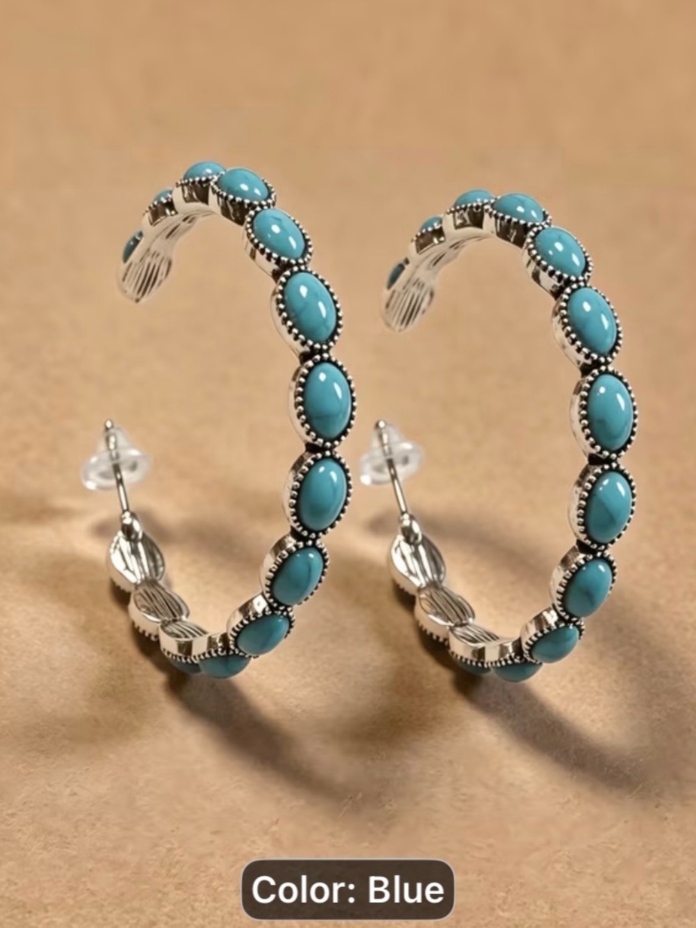 Blue Oval Stone Hoop Earrings — Unbranded